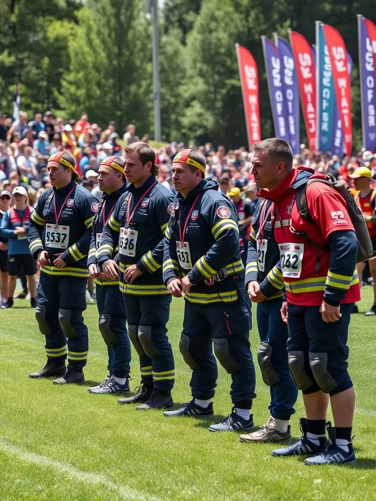 A photograph capturing the starting line of the SOIXANTIEME CROSS NATIONAL SAPEURS-POMPIERS race, showcasing firefighters ready to compete, with a focus on the anticipation and excitement before the race begins.