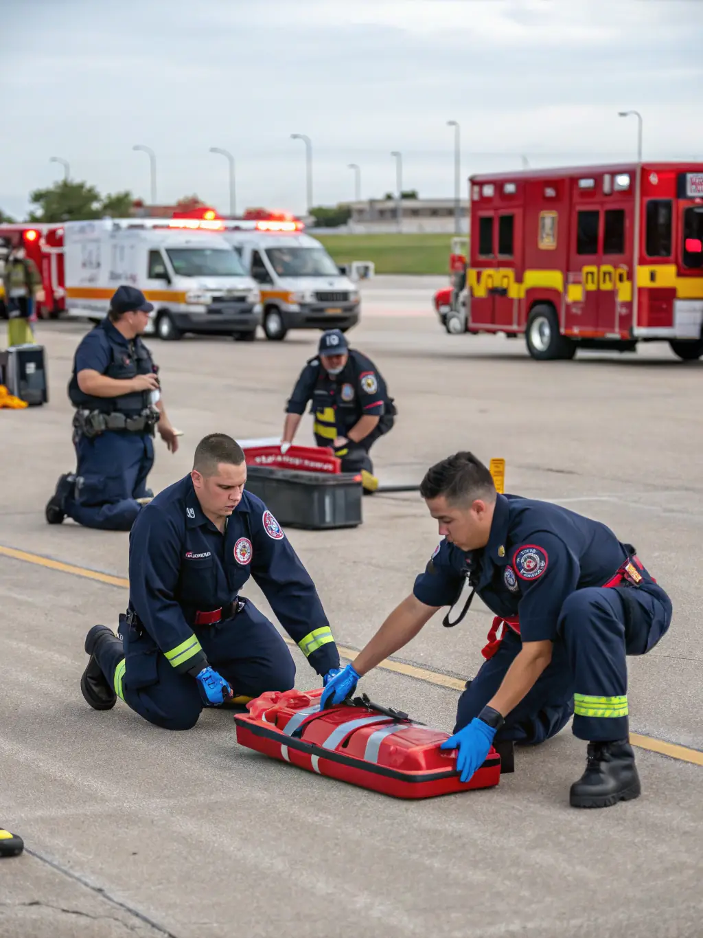 A diverse team of firefighters collaborating on a simulated rescue operation, highlighting the importance of teamwork and communication in emergency response scenarios.