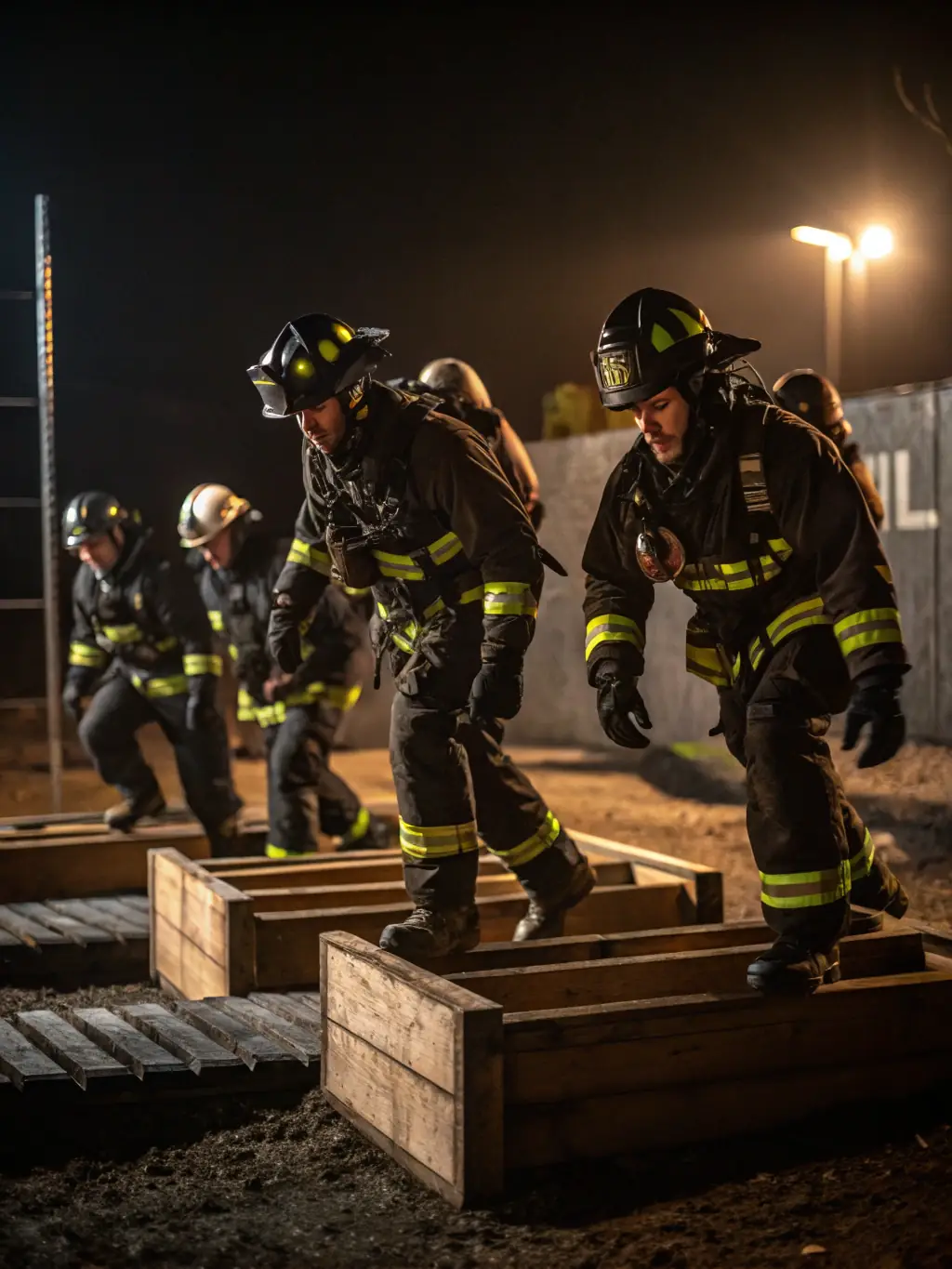 A dynamic action shot of firefighters participating in an obstacle course during the SOIXANTIEME CROSS NATIONAL SAPEURS-POMPIERS event, showcasing their agility and teamwork.