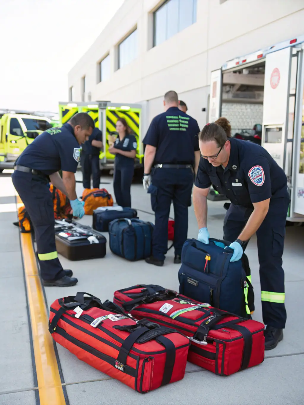 A group of firefighters receiving first aid training from certified instructors, emphasizing the importance of medical preparedness in emergency response.