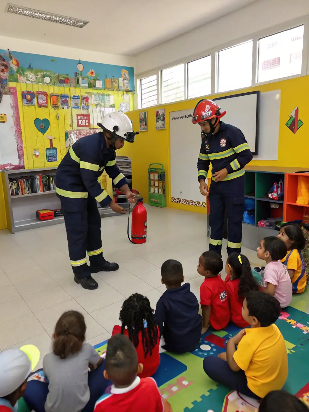 Firefighters engaging with local school children during a community outreach event, promoting fire safety awareness and building positive relationships with the community.