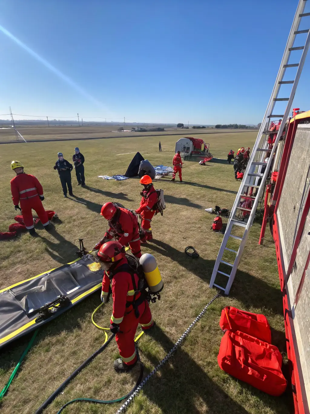 An image of firefighters participating in a training session, focusing on teamwork and coordination, with emphasis on the importance of physical fitness and preparedness.